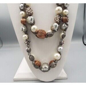 Chico's Disco Party Faux Pearl Embellished Beads Gray Ribbon Chain Long Necklace